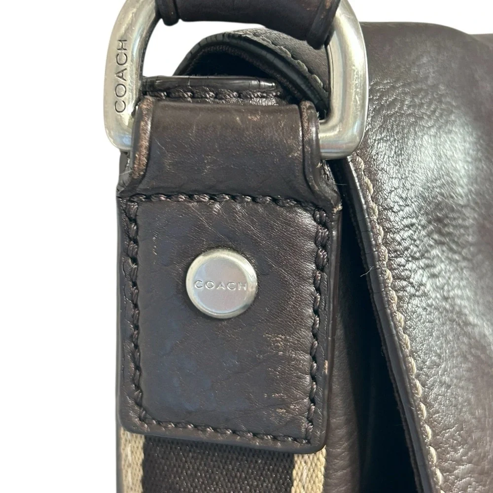 Coach Men's Heritage Web  Brown Leather Messenger Bag with Adjustable Strap